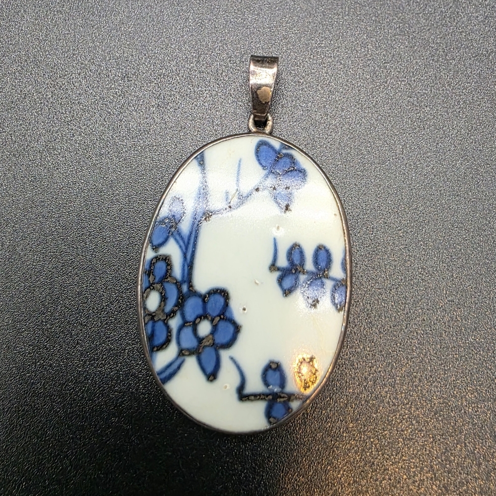 Blue Floral Porcelain Broken China Pendant Necklace 925 Silver